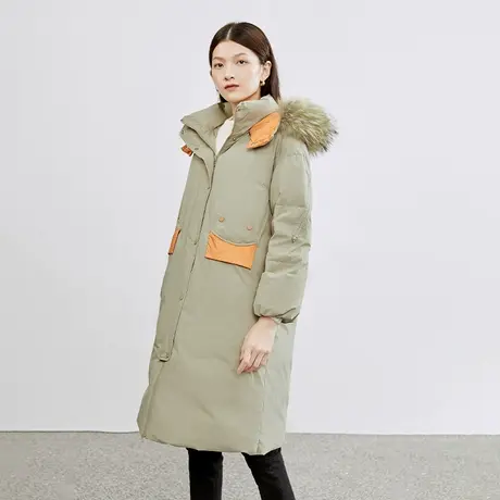 艾莱依鹅绒外套女冬季新款2021年时尚连帽貉子毛保暖设计感羽绒服商品大图