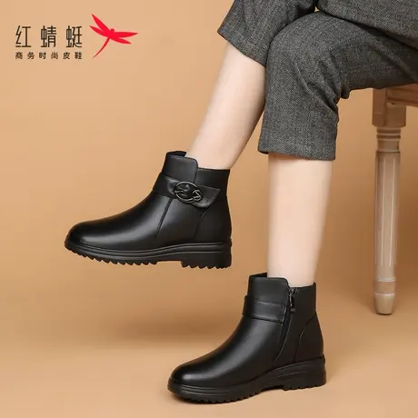 红蜻蜓冬季女鞋靴子女2023新款中筒棉靴真皮加绒保暖妈妈软皮短靴图片