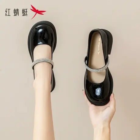 红蜻蜓玛丽珍女鞋春季2023新款百搭圆头小皮鞋女时尚黑色漆皮单鞋商品大图