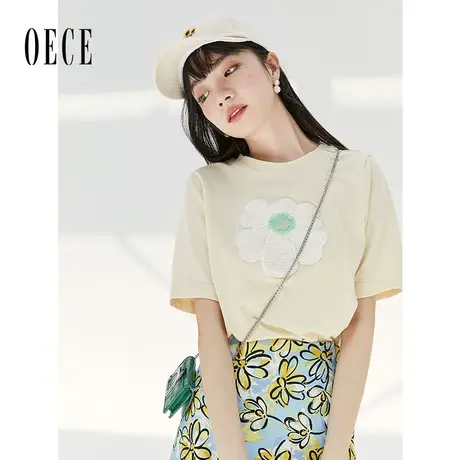 Oece设计感T恤上衣2022春夏季新款女装花朵刺绣纯棉短袖小衫ins潮图片