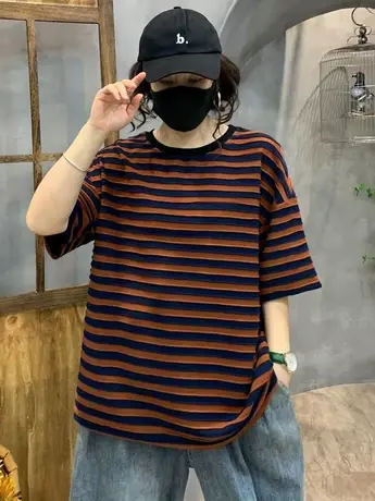 2023新款夏季bf风ins短袖t恤大码女装学生宽松条纹半袖体恤上衣潮商品大图