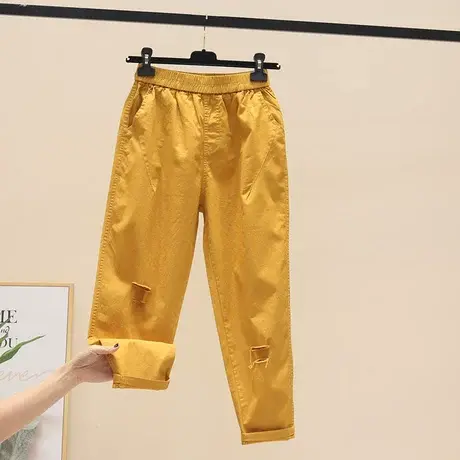 白色裤子破洞牛仔裤女夏季薄款小个子哈伦裤2023年新款休闲九分裤商品大图