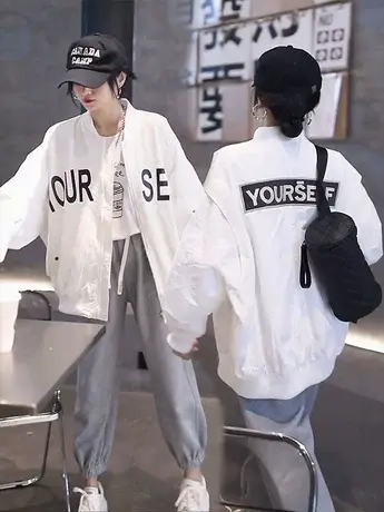 棒球服女外套春秋新款开衫2023韩版宽松大码字母印花百搭休闲夹克图片