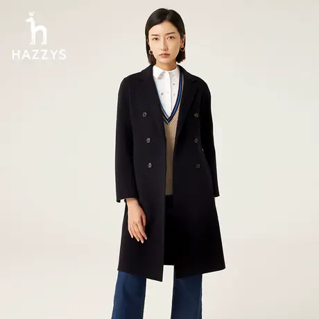 【商场同款】Hazzys哈吉斯女士双排扣收腰长款大衣23秋冬新款外套图片