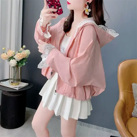 蕾丝拼接连帽短外套女春季2025新款宽松薄款独特时尚休闲防晒上衣图片