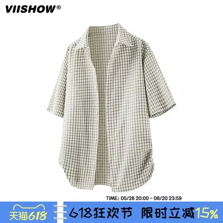 VIISHOW复古男士夏季短袖衬衫男士美式高级感男女宽松格子衬衣潮图片
