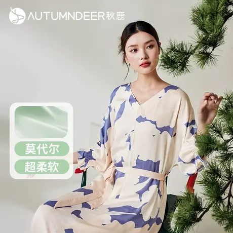 秋鹿莫代尔贡缎睡衣女夏薄款新中式国风印花冰丝七分袖家居服睡裙商品大图