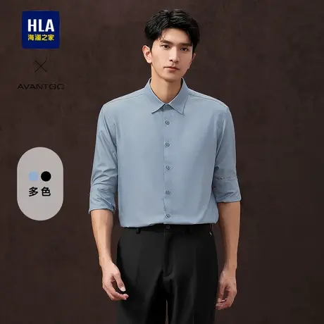 HLA/海澜之家轻商务长袖休闲黑衬衫春秋新款时尚花纹通勤上衣男装图片