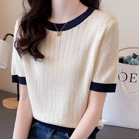 女士冰丝针织衫夏季短袖t恤女2025新款洋气爆款宽松百搭打底上衣商品大图