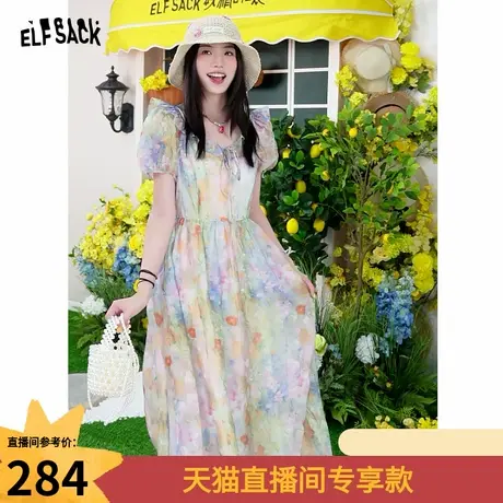 妖精的口袋油画碎花泡泡袖连衣裙女2025年夏季新款掐腰气质长裙子图片