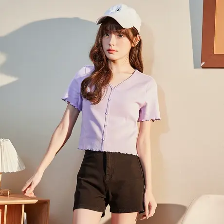 唐狮春夏款女短袖T恤纯色针织开衫甜美减龄木耳边短上衣V领气质商品大图