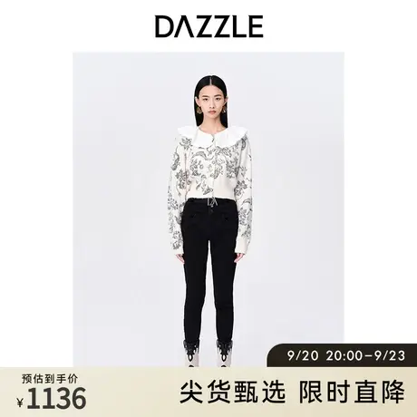 DAZZLE地素奥莱秋通勤白色花边娃娃领提花千金风软糯毛衣上衣女商品大图
