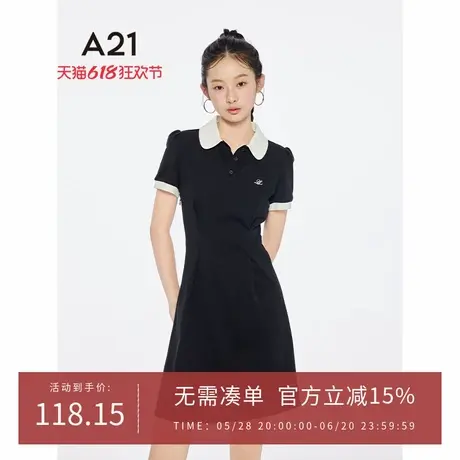 A21女装学院风修腰显瘦连衣裙2025夏新款设计感娃娃领包袖中长裙图片