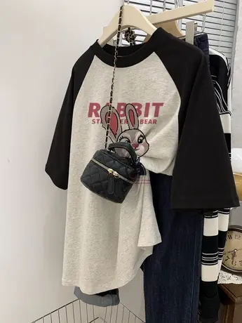 美式街头风潮牌T恤女oversize大码纯棉插肩袖上衣夏ins闺蜜装短袖图片