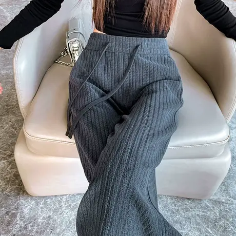 雪尼尔阔腿裤女秋冬季小个子高腰宽松垂感休闲深灰色灯芯绒直筒裤图片