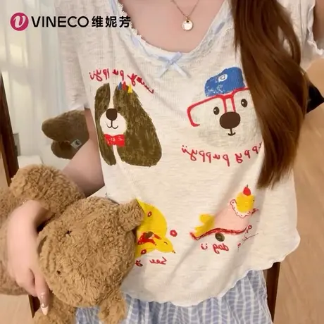 Vineco/维妮芳女夏季无袖背心蓝色格子家居服套装MBF24091商品大图