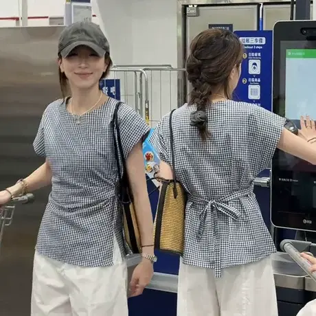 百搭束腰格子衬衣女2025夏季新款韩版圆领短袖上衣宽松洋气衬衫潮图片