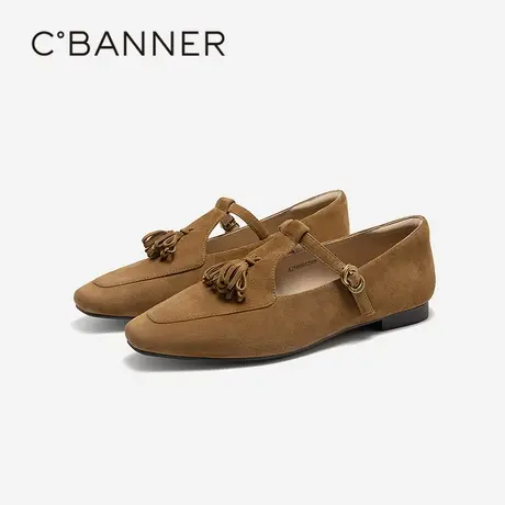 千百度低跟流苏T字鞋女百搭气质新款玛丽珍鞋平底真皮浅口单鞋商品大图