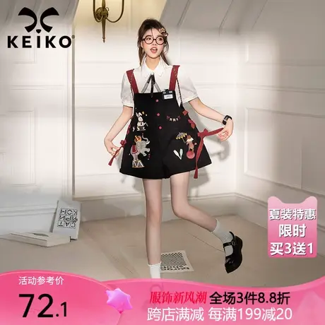 KEIKO 黑色背带牛仔裤夏季美式复古少年感马戏团印花显瘦阔腿短裤图片