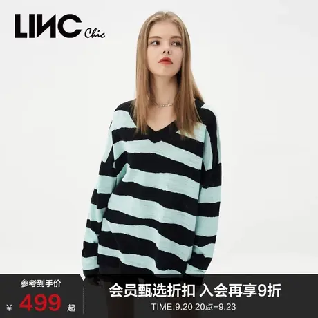 LINCCHIC金羽杰针织衫2023新款大V领条纹针织衫罩衫女S232SW345Y商品大图