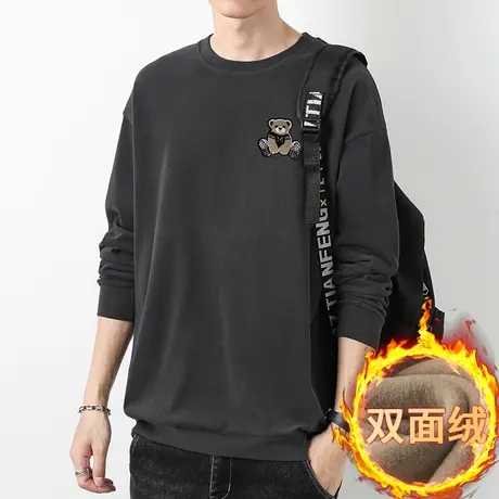 小熊卫衣男秋冬季圆领无帽上衣服加绒保暖双面绒长袖t恤宽松潮流商品大图