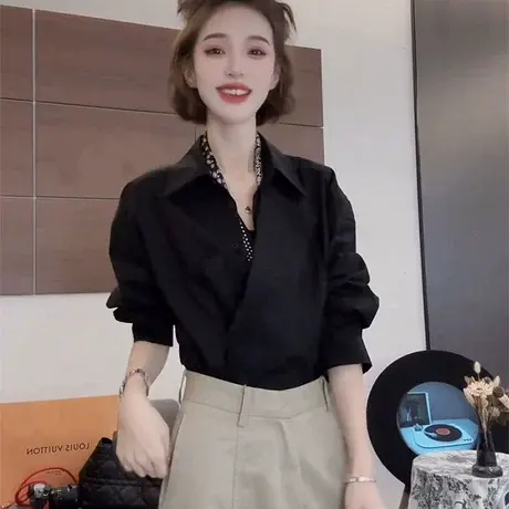 黑色POLO领衬衫女轻奢高级感秋装2025新款爆款巨好看衬衣法式上衣商品大图