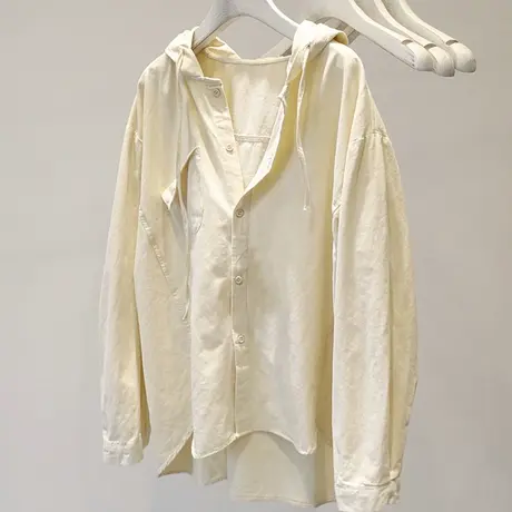 前短后长衬衫女春秋宽松慵懒风港味chic上衣长袖连帽纯棉衬衣外套图片