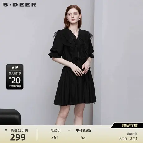 sdeer圣迪奥女装V领蕾丝收腰泡泡袖连衣裙S222Z12G1图片