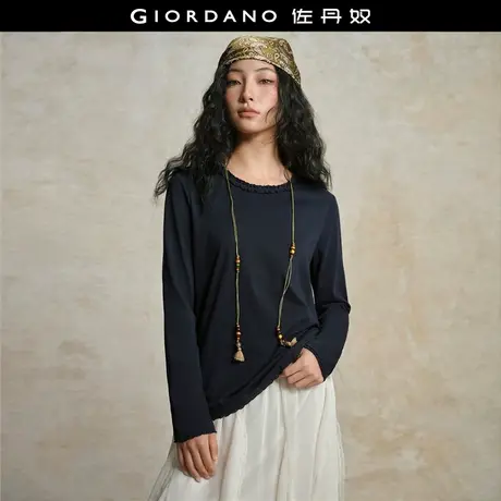 设计师款佐丹奴长袖T恤女新款宽松花边圆领拼接蕾丝上衣18325219商品大图