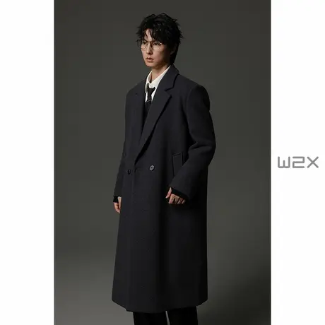 w2x冬季加厚双排扣平驳领垫肩款羊毛呢子大衣男长款过膝风衣外套图片