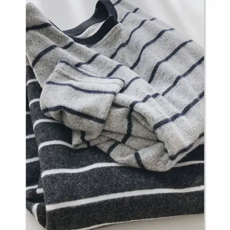 软绵绵羊绒手感/毛绒绒条纹针织打底衫女秋冬休闲宽松百搭长袖T恤商品大图