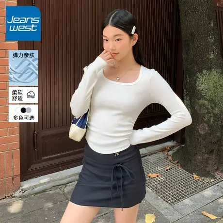 KV真维斯白色紧身长袖t恤女2025新款修身褶皱百搭时髦小个子上衣商品大图