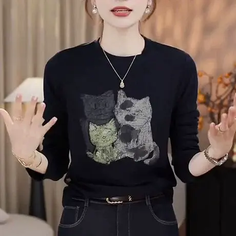 卡通印花圆领长袖t恤衣服女2025新款爆款内搭打底衫上衣女春秋季商品大图