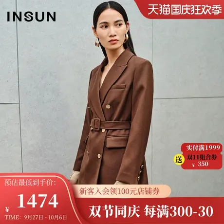 恩裳2023冬装新款毛涤混纺西装舒适透气复古双排扣气质收腰外套女图片