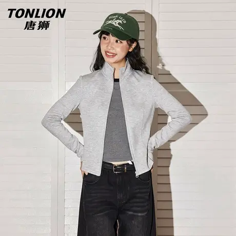 唐狮官方修身外套女春秋2026新款女士收腰显瘦灰色短款立领上衣VB图片