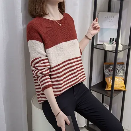 圆领毛衣女套头2023秋冬新款宽松慵懒风条纹外穿针织衫内搭上衣潮图片