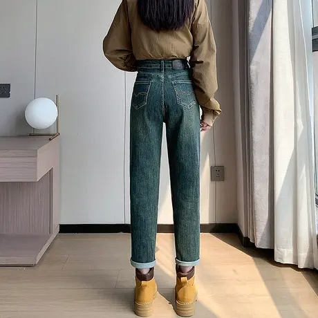 复古蓝高腰哈伦牛仔裤女春秋2023新款怀旧宽松显瘦弹力萝卜老爹裤商品大图