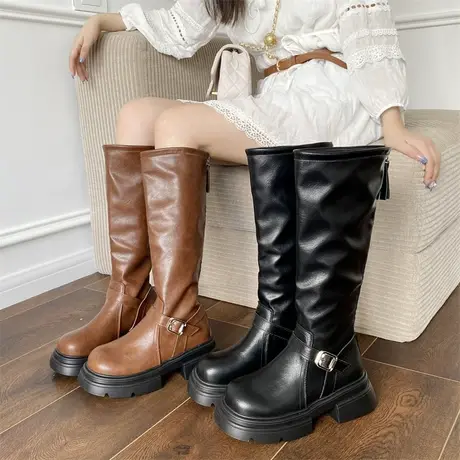 厚底长筒靴女2023年春秋季新款英伦风复古显瘦百搭靴子粗跟骑士靴商品大图