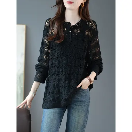 宝诗黎2023早秋圆领镂空针织衫设计感上衣女新款长袖宽松慵懒毛衣商品大图