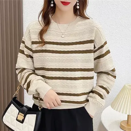 圆领波浪条纹拼色套头打底衫秋冬2023新款保暖女毛衣时尚韩版百搭图片