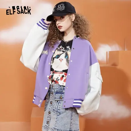 妖精的口袋蝴蝶猫紫色棒球服女2023秋季新款宽松休闲韩系百搭外套图片