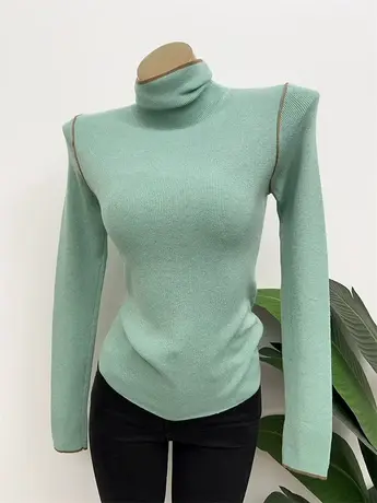 拼接色亮点~高领羊毛衫秋冬修身加厚毛衣针织打底衫堆堆领羊绒衫商品大图