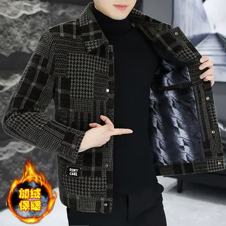 毛呢子外套男士休闲冬季时尚金貂绒千鸟格子夹克加绒加厚保暖上衣商品大图