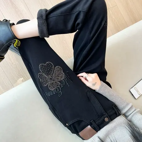 高腰黑色哈伦牛仔裤女秋冬2023新款烫钻加绒加厚保暖萝卜老爹裤子商品大图