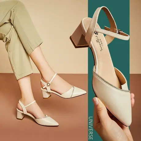 清仓真皮细带水钻粗跟包头凉鞋女时尚舒适黑色高跟鞋百搭商品大图