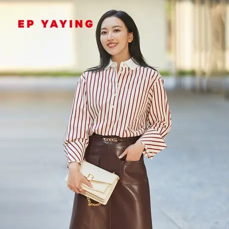 EP YAYING雅莹女装 娃娃领长绒棉廓形条纹衬衫 春装商场同款2102A商品大图