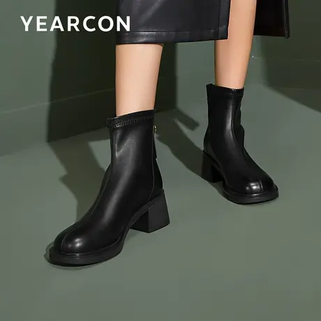 意尔康粗跟小短靴女2023秋冬百搭时装靴中筒靴子厚底单靴高跟靴子商品大图