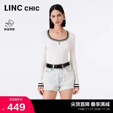 LINC金羽杰U领针织衫肌理感修身上衣女法式打底衫女淡人穿搭459Y图片