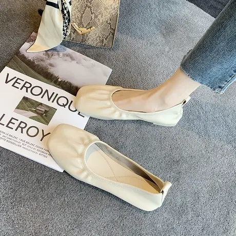 【真皮】单鞋女2023新款春秋小香风复古法式平底软皮豆豆鞋奶奶鞋商品大图