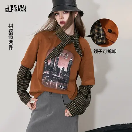 妖精的口袋假两件长袖t恤女2023冬季新款美式拼接学院风宽松上衣图片